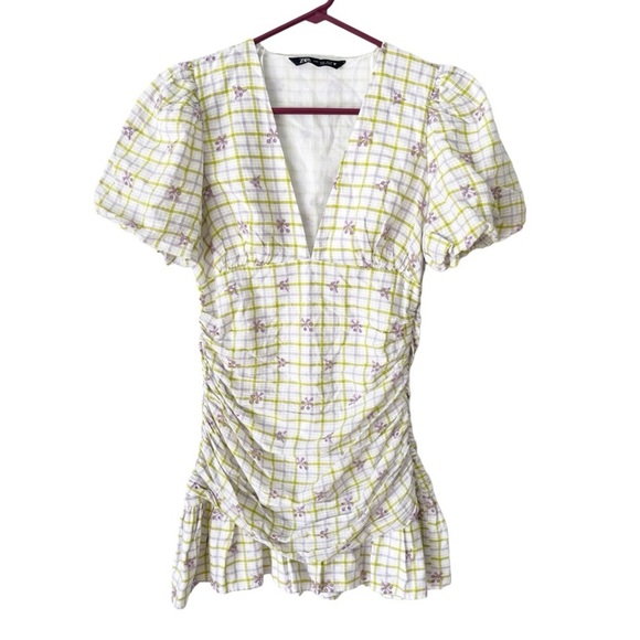 Zara Dress Women's Medium Checkered Gingham Embroidered Ruched Cottagecore - Picture 1 of 8